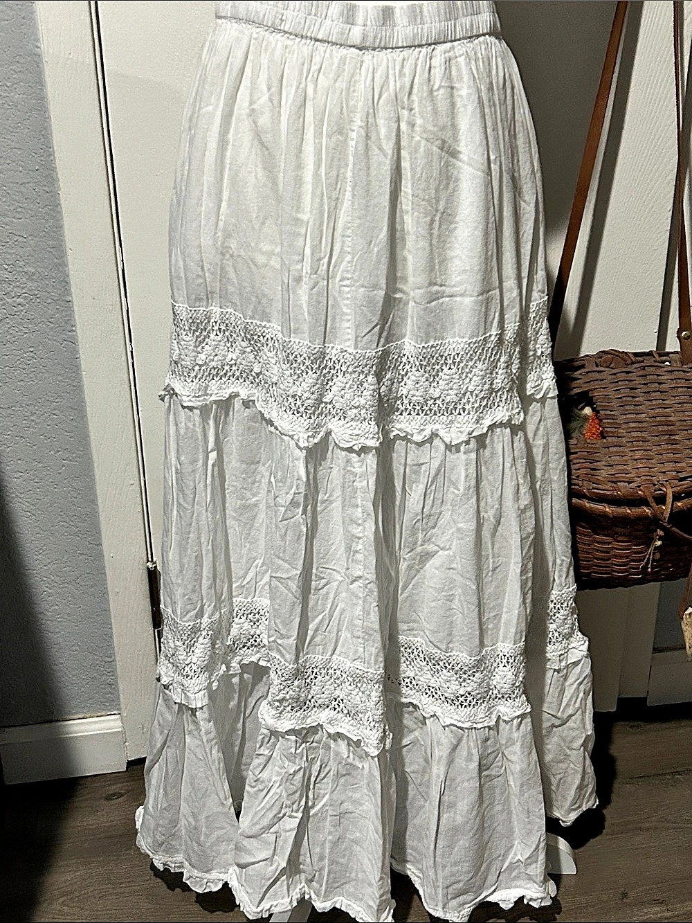 Flint & Moss cotton boho Tiered Lace Maxi Skirt in White Size Medium